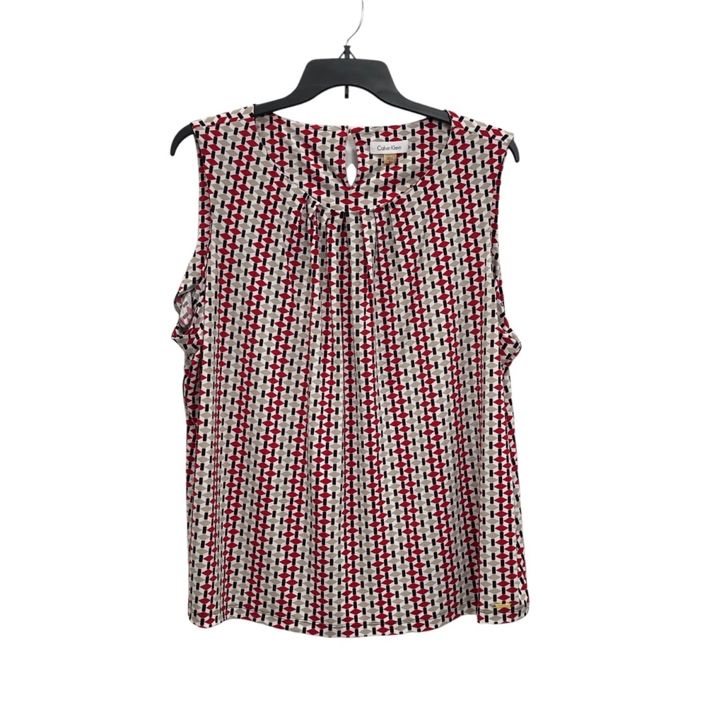 Calvin Klein black, tan and red sleeveless round neck blouse